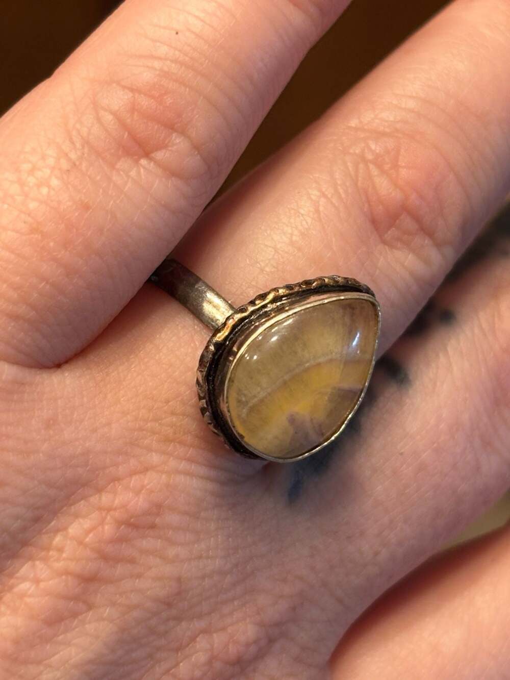 Vintage Teardrop Yellow Agate Cabochon Sterling Silver 925 Rope Bezel Ring